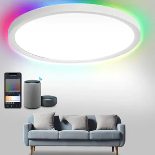 Aopunly 24W Deckenleuchte LED Musik bluetooth Lautsprecher APP Deckenlampe RGB Farbwechselnde Deckenlampe Mit Fernbedienung - Weiß