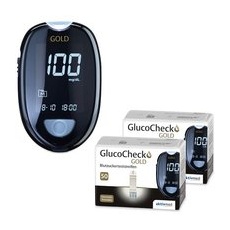 GlucoCheck Gold Set (mg/dl) zur Kontrolle des Blutzuckers mit 110 Teststreifen