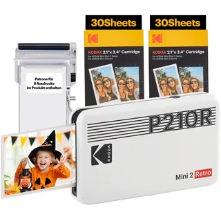 KODAK Mini 2 Retro 4PASS Mobiler Fotodrucker (5,3x8,6cm)- Paket met 68 Blatts, Weiß