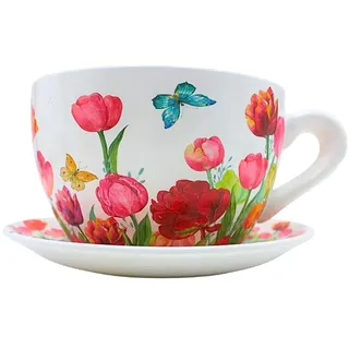 Dekohelden24 Blumentopf, Pflanztasse, Pflanzkübel, Pflanzgefäß, Blumenkübel, Pflanztopf. Übertopf als Tasse mit Griff aus Keramik, Motiv: Tulpenmeer, L/B/H 25 x 23 x14 cm.