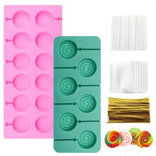 GTNCE Cake Pop Formen Backen - Lollipop Form Silikon mit 2 Stück Silikonformen, 100 Sticks, Wrappern, Twist Ties, Dekorationszubehör für Lollipop, Süßigkeiten & Schokolade