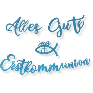 LowCarbonLife Erstkommunion Girlande „Alles Gute zur Erstkommunion mit Fisch-Motiven – Glitzer Hängedeko Banner – Kommunionsdeko Erstkommunion Deko für Jungen & Mädchen (Blau A)
