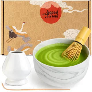 Goodwei Matcha Set komplett mit Matchabesen, Matcha Löffel und Matcha Schale aus Keramik mit Besenhalter im passenden Design | Kunstvoll gefertigte Teeschale Chawan (Gurei, 80)