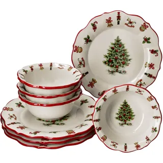 8tlg Diner-Set Maestro Natale 4 Personen Essteller Müsli-Schale Weihnachten - Beige, Rot