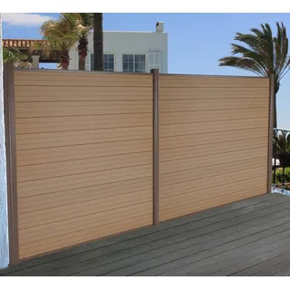 WPC-Sichtschutz Sarthe, Windschutz Zaun, Alu-Pfosten 2er Set, 3,75m teak - Braun