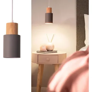 "KIRA" Pendelleuchte aus grauem Metall und Holz – skandinavischer und moderner Stil E27