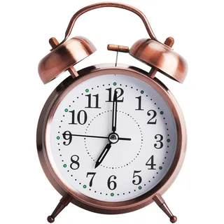 Extra Lauter Retro Wecker 4 Zoll Braun Metall Doppelglockenwecker mit Hintergrundbeleuchtung & Nachtlicht, Wecker ohne Ticken für Tiefschläfer & Senioren Vintage Design für Nachttisch Schlafzimmer Kin