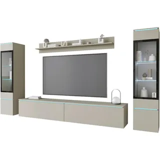 P & B Wohnwand , Beige, Kaschmir , Glas, Holzwerkstoff , 4-teilig , 6 Fächer , 240x130x33 cm , Fsc , stehend, hängend, Beleuchtung , Wohnzimmer, Wohnwände, Komplette Wohnwände