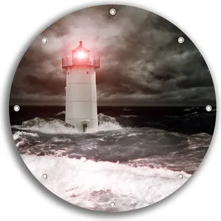 Wallario rundes Outdoor-Poster für Garten oder Balkon, Motiv Leuchtturm im Wasser bei stürmischer See, 30 cm Durchmesser - Rot