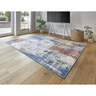 -LUXOR- living Teppich Wohnzimmer Polino im Vintage Design - Wohnzimmerteppich Teppich Kurzflor Digitaldruck in zeitlosem Design 200 x 290 cm blau-Koralle