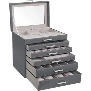 SONGMICS Schmuckkästchen 6 Ebenen, Schmuckkasten mit großem Spiegel, Schmuckschatulle, 5 Schubladen, sehr viel Stauraum, Schmuckaufbewahrung, modern, Geschenkidee, schiefergrau JBC138G01