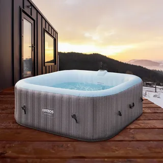 AREBOS Aufblasbarer Whirlpool "Barcelona", 185x185 cm, In- & Outdoor, mit Heizung, 910 Liter, Inkl. Abdeckung, Bubble Spa & Wellness Massage 6 Person - Grau