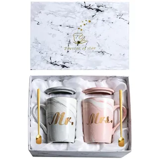 2er-Set Hochzeitsgeschenke, Kaffeetassen Keramik Marmor-Optik, Brautpaar