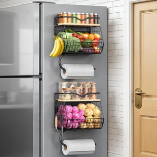 Housolution 2 Stück Magnetische Ablage für Kühlschrank mit Holzdeckel, Magnetisches Gewürzregal für Kühlschrank, Aufbewahrungsbehälter mit Papierhandtuchhalter für Küchentheke, Vorratskammer