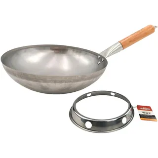 Grillfürst Wok Pfanne aus Edelstahl Ø 30 cm - mit Holzgriff - Edelstahlpfanne mit rundem Pfannenboden - ideal für Seitenkocher eines Grills oder Gasherd, inkl. Wok-Ring