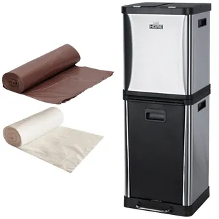 WELL HOME MOBILIARIO & DECORACIÓN WellHome 36L Eimer-Set, 3 Fächer (2:8L + 1:20 l) mit Taschenrollen 10 l. und 20 x 20 l, Müll/Eimer, großes Fassungsvermögen, Edelstahl, Satin-Chrom, 36 l