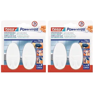 tesa Powerstrips Haken Large OVAL - Selbstklebender Wandhaken für Glas, Kacheln, Holz, Kunststoff und andere Untergründe - Weiß, 2 x 5 cm (Packung mit 2)