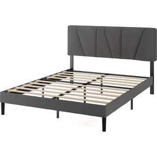 Zinus Maya Upholstered Bed Frame, 140 x 190 cm, Asymmetric Headboard, Durable Wooden Slats, Sturdy Framework, Noise Free Sleep, Easy Assembly, Dark Grey