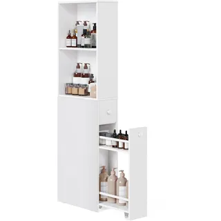VASAGLE Badezimmschrank hoch, Hochschrank, Badschrank schmal, freistehend, mit Schubladen und höhenverstellbarer Ablage, für kleine Räume, modern, klassikweiß BBK567T14
