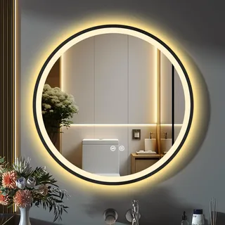 GIMBELEN Runder Badspiegel mit Beleuchtung, Spiegel rund 60cm mit Beleuchtung, Badezimmerspiegel Wandspiegel mit 3 Lichtfarben, Dimmbar, Speicherfunktion, IP44 HD Sicherheitsglas, Schwarz