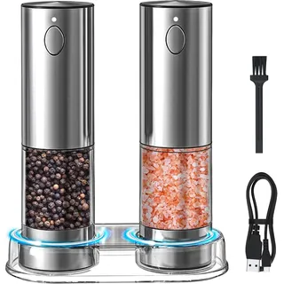 BGFOX Salz und Pfeffer Mühle Elektrisch 2er Set aus Edelstahl mit einstellbarem Keramik-Mahlwerk von grob bis fein, Gewürzmühlenset Automatisch mit Basis LED-Licht Type-c Reinigungspinsel (2 Stück)