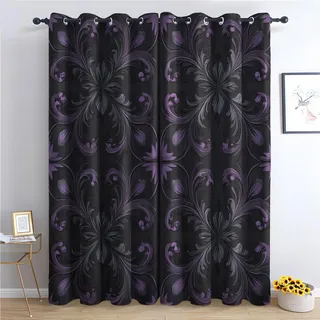 zcwl Schwarz Lila Barock Vorhänge, Vintage Blumen Verdunklungsvorhänge mit Ösen, Vorhang Blickdicht für Wohnzimmer Schlafzimmer Dekoration, Gardinen mit Muster, 2er Set, 200 x 140 cm (HöhexBreite)