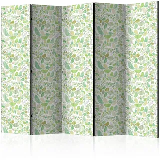 artgeist Paravent , Weiß, Hellgrün , Holz, Textil , Kiefer , massiv , Blätter , 225x172x3 cm , Motiv auf Vorder- und Rückseite , Wohnzimmer, Raumteiler, Paravents