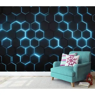 Vlies Fototapete Hexagon Blau Neon Schwarz TAPETE XXL Wohnzimmer Schlafzimmer - 200x140 cm - 4 Bahnen