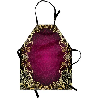 ABAKUHAUS Mandala Kochschürze, Vintage-Rahmen mit Locken Schneeflocke Motive Fantastische abstrakte Retro, Farbfest Höhenverstellbar Waschbar Klarer Digitaldruck, Blassgelb Fuchsia