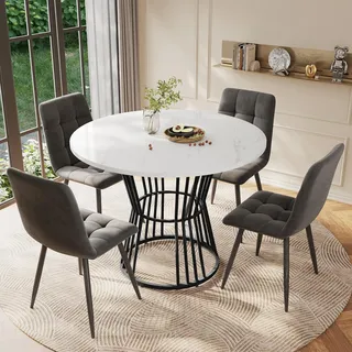 Esstisch in Marmor-Optik Weiß mit stabilem Metallrahmen Schwarz, moderner Küchentisch für 2 Personen, Frühstückstisch im Loft-Design, 1 Stück - Schwarz