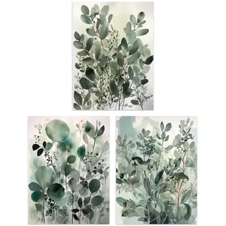 Artery8 Set of 3 Botanical Plants Sage Green Watercolour Eucalyptus Leaves Boho Artworks Unframed Wall Art Living Room Poster Prints Pack