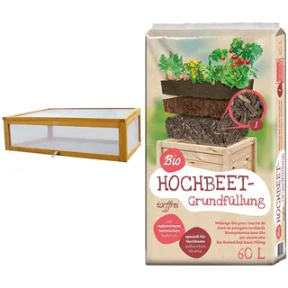 HABAU Frühbeet Aufsatz Hochbeet & Bio Hochbeet-Grundfüllung 60 Liter, 115 x 53 x 32 cm, Kunststoffdeckel mit Scharnier, Holzrahmen, Klar, Gewächshaus, Gartenausstattung