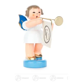 Engel mit Fanfare stehend, blaue Flügel h=ca 5,5 cm Erzgebirge Weihnachtsfigur
