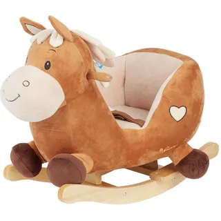 Schaukeltier , Braun, Naturfarben , Holz, Textil , 61x33x48 cm , unisex , Fußstützen, Haltegriffe, gepolsterte Sitzfläche, Gurtsystem , Spielzeug, Schaukeltiere