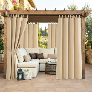 Clothink 2er Set Outdoor Vorhänge Wasserfest Sonnenschutz Winddicht mit Klettband Oben für Terrasse Garten Balkon Familienhaushalte einfache Montage farbecht haltbar(132x215cm, Beige)