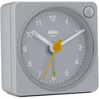 Braun Klassischer analoger Reisewecker in kompakter Größe mit Schlummerfunktion und Beleuchtung, leisem Quarzwerk und anschwellendem Alarm-Piepton in Grau, Modell BC02XG. - Grau