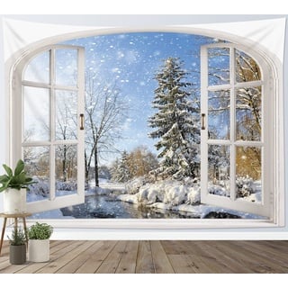 LB Wandteppich Winterlandschaft Wandtuch Kiefer mit Schnee Außerhalb des Fensters Wandbehang Natur Tapisserie für Wohnzimmer Schlafzimmer Wohnheim Wanddeko,150x100 cm