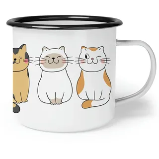 OM3® süße Emaille-Tasse mit Katzenmotiv Katze Kitten Cat Doodle | Emailletasse Emaille Becher | 12oz 300ml | Beidseitig Bedruckt | Weiß-Schwarz