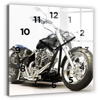 Wallfluent Wanduhr – Stilles Quarzuhrwerk - Uhr Dekoration Wohnzimmer Schlafzimmer Küche - Zifferblatt - schwarze Zeiger - 30x30 cm - Schwarzes Motorrad - Schwarz