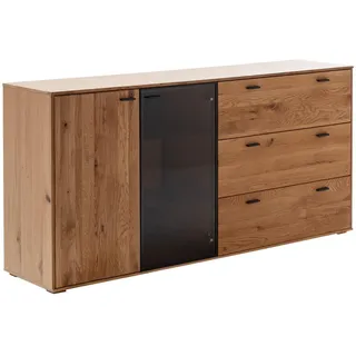 Mid.you Sideboard , Wildeiche , Holz, Glas , Wildeiche , furniert, massiv , 4 Fächer , 3 Schubladen , 183x88x44 cm , Made in Eu , Holzmöbel, Kommoden Holz, Sideboards Holz