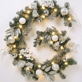 Valery Madelyn 183CM/6ft Weihnachtsgirlande mit 20 LED Timer, künstliche Tannengirlande Weihnachtsdeko, mit Kugeln Bogen für Treppe Tisch Kaminsims Haustür,Silbern Weiß