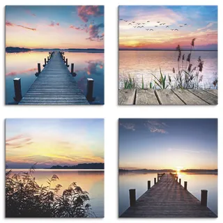 ARTLAND Wanddeko Strandbilder Leinwand Bilder Set 4 tlg. je 30x30 cm Quadratisch Wandbilder Landschaft Gewässer See Pier Abend Schilf Sonne K2JK