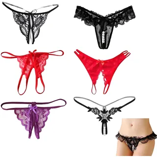 6er Set Damen Unterwäsche mit Perlen Blumen Muster, Sexy Tanga Strings mit offenem Schritt, Schwarz, Niedrigbund, Atmungsaktive, Elastische Passform für Alltag, Party, Date, Honeymoon, Kostü