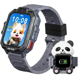 OKYUK T17 Smartwatch Kinder, 4G Kinder Smartwatch mit GPS & Videoanruf, SOS Notruf, Sprachchat, SMS, Schulmodus,Spiele & Panda-Ladestation, Kinderuhr für Mädchen und Junge (Grau)
