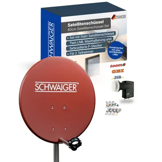 SCHWAIGER Satellitenschüssel Komplettset - Ø 60 cm Stahl Offset Antenne in Rot - Inkl. sonnengeschütztes Twin LNB - Digital HD & 4K Empfang - Hitzebeständig & wetterfest