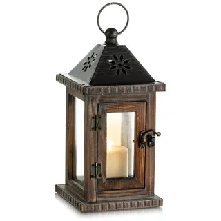 Romadedi Laterne Holz Holzlaternen für Kerzen - Windlicht Gartenwindlicht Hängend Kerzenständer Landhaus Deko Vintage Ornament Innen Außen Laternen Für Hochzeit und Weihnachten Tischdeko, Braun 28cm