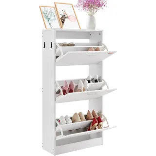 VEVOR Schuhschrank Schmal, Schuhregal Weiß, 600 x 237 x 1200 mm Schuhkipper mit 3 Klappen + oberem Staufach, Schuhkommode 45,35 kg Tragfähigkeit, Aufbewahrungsschrank Schuh Massivholz für Flur