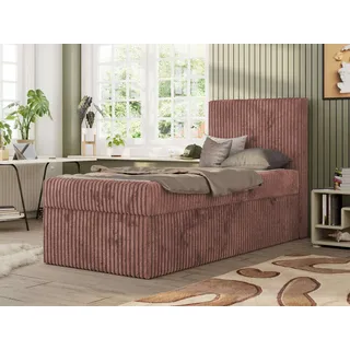 MKS MEBLE Jugendbett TILIO, Einzelbett mit Stauraum, Cordstoff, Boxspringbett 90x200 mit 7-Zonen-Taschenfederkern H4 - Rosa Cord - Rechts Seite - Rosa