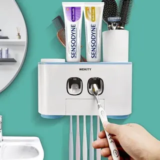 Zahnputzbecher Set, 2 Automatik Dispenser, 5 Fächer, für Kinder und Erwachsene - Blau