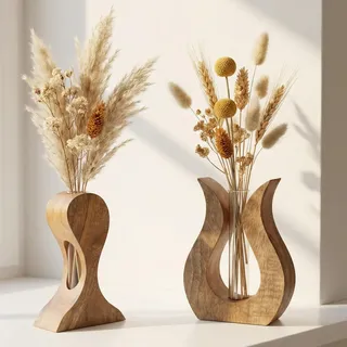 Holzvase 2er Set aus Mangoholz – Handgefertigte Holzvasen Deko aus Mangoholz – Kleine Vase für Trockenblumen & eine stilvolle Tischdeko
